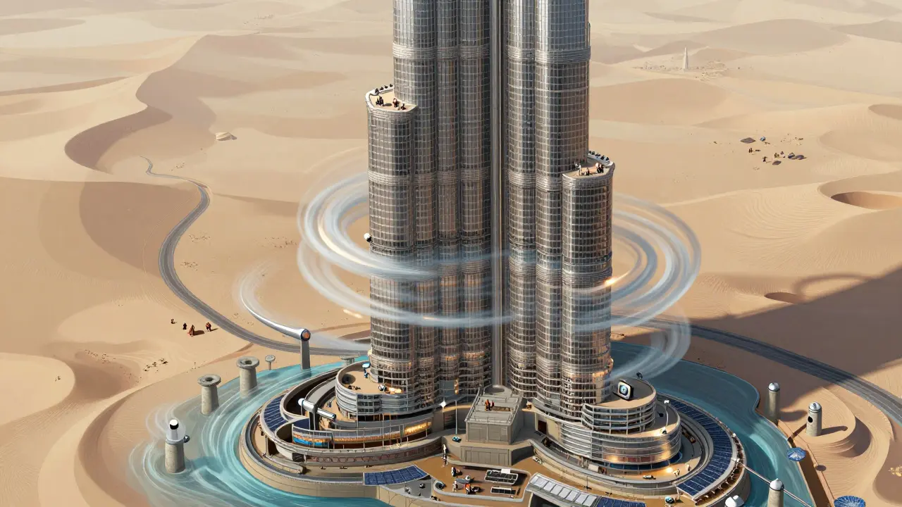 Cross-section of Burj Khalifa showing its twisted design, foundation piles, and elevators against desert terrain.