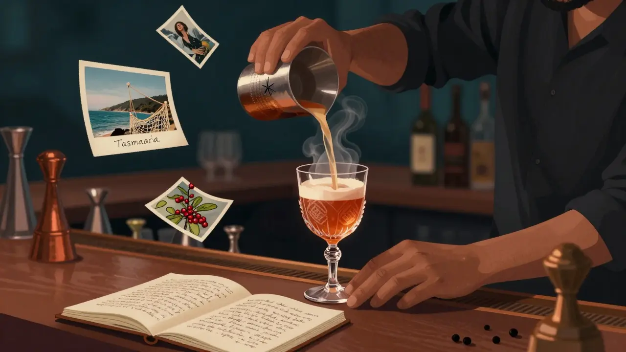 Custom cocktail at Al Nafoorah with floating memories of Tasmania woven into the steam.