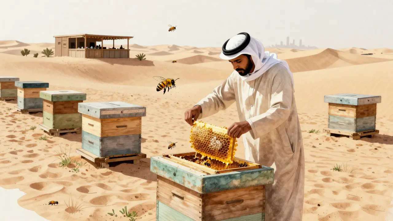 Desert beekeeper collecting honeycomb from hives among dunes, with Dubai&#039;s skyline in the distance.