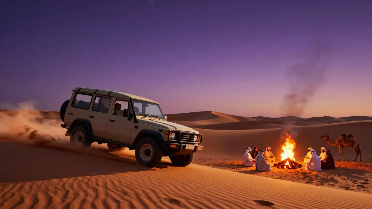 Desert safari vehicle on a dune at dusk with campfire and camels under a starry sky.