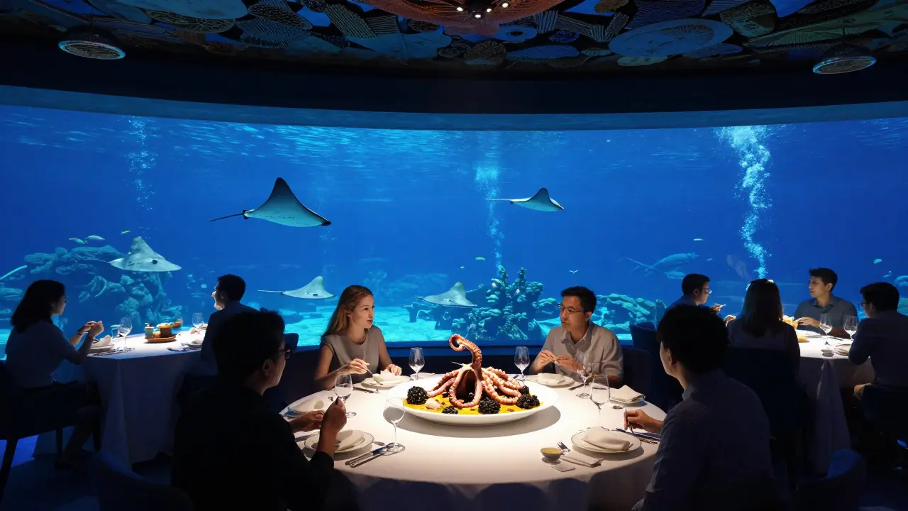 Diners enjoying seafood under an aquarium filled with fish at an underwater restaurant in Dubai.