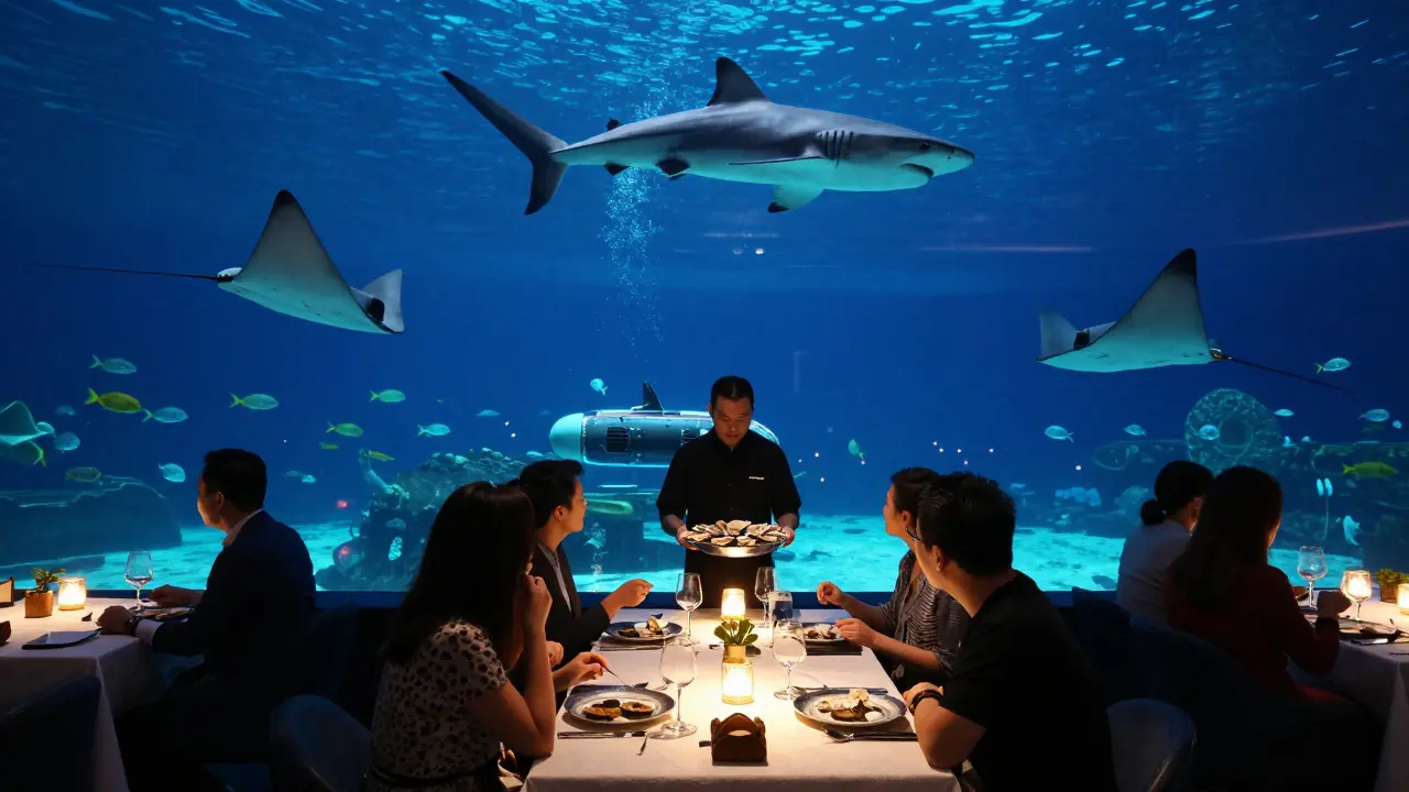 Dining at Al Mahara underwater restaurant surrounded by marine life, with a waiter lowering oysters via a submarine mechanism.