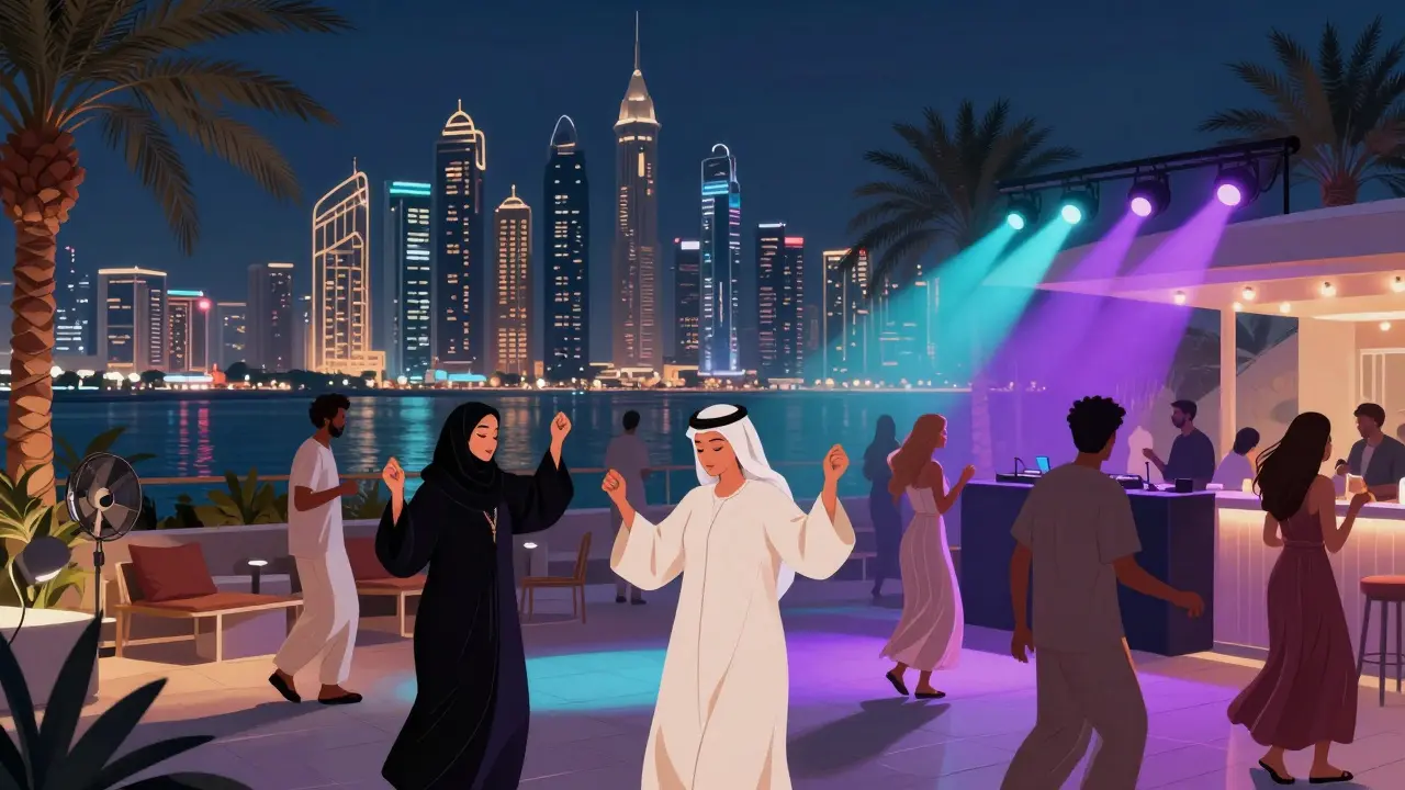 Diverse crowd dancing at White Dubai rooftop club under night sky with Marina skyline glowing.