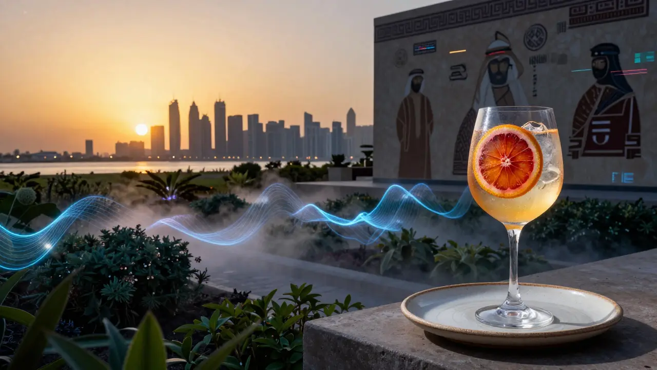 Dual-tone conceptual image of Soho Garden transitioning from sunset to night, with a signature cocktail on ceramic ware.