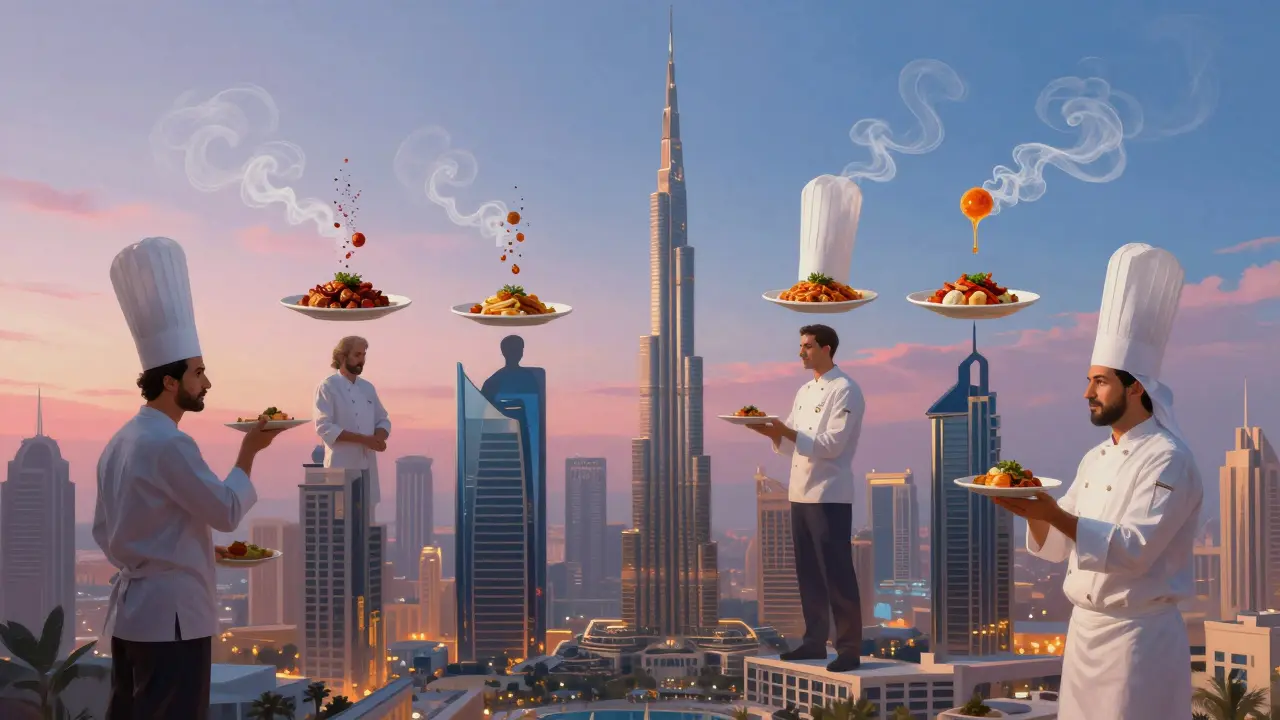 Dubai skyline shaped like chef's hats with famous chefs holding signature dishes in a surreal dreamlike scene.