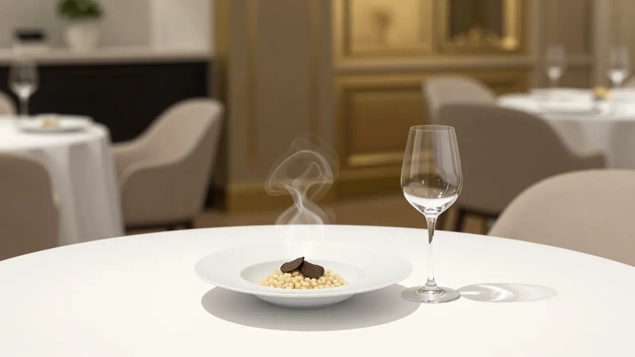 Elegant fine dining plate of truffle risotto at Atelier restaurant, softly lit with minimalist table setting.