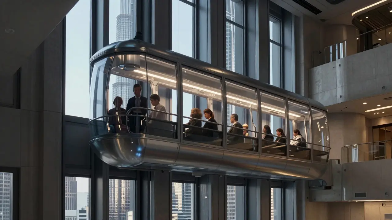 Elevators speeding up the glass shaft of Burj Khalifa, revealing the cityscape outside.