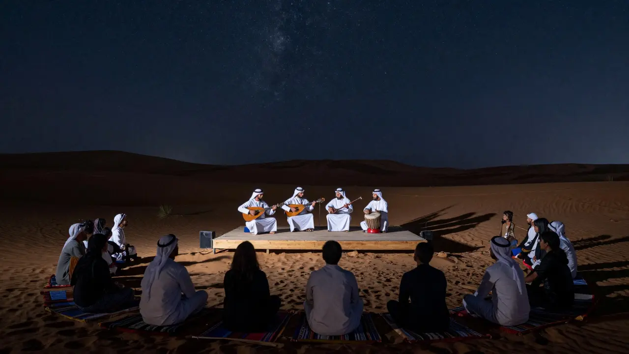 Emirati musicians perform under the stars at Al Qudra Lakes, surrounded by listeners on blankets in the desert.