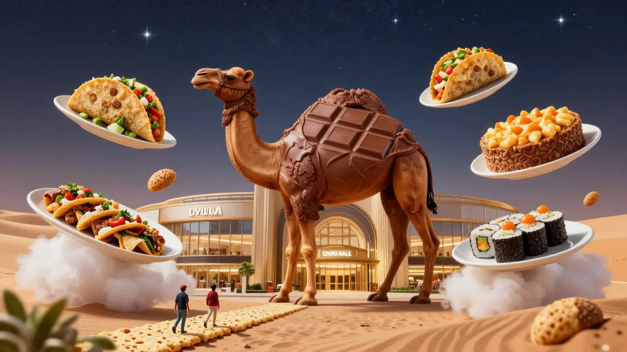 Giant camel milk chocolate bar floating above Dubai Mall with global foods drifting around it.