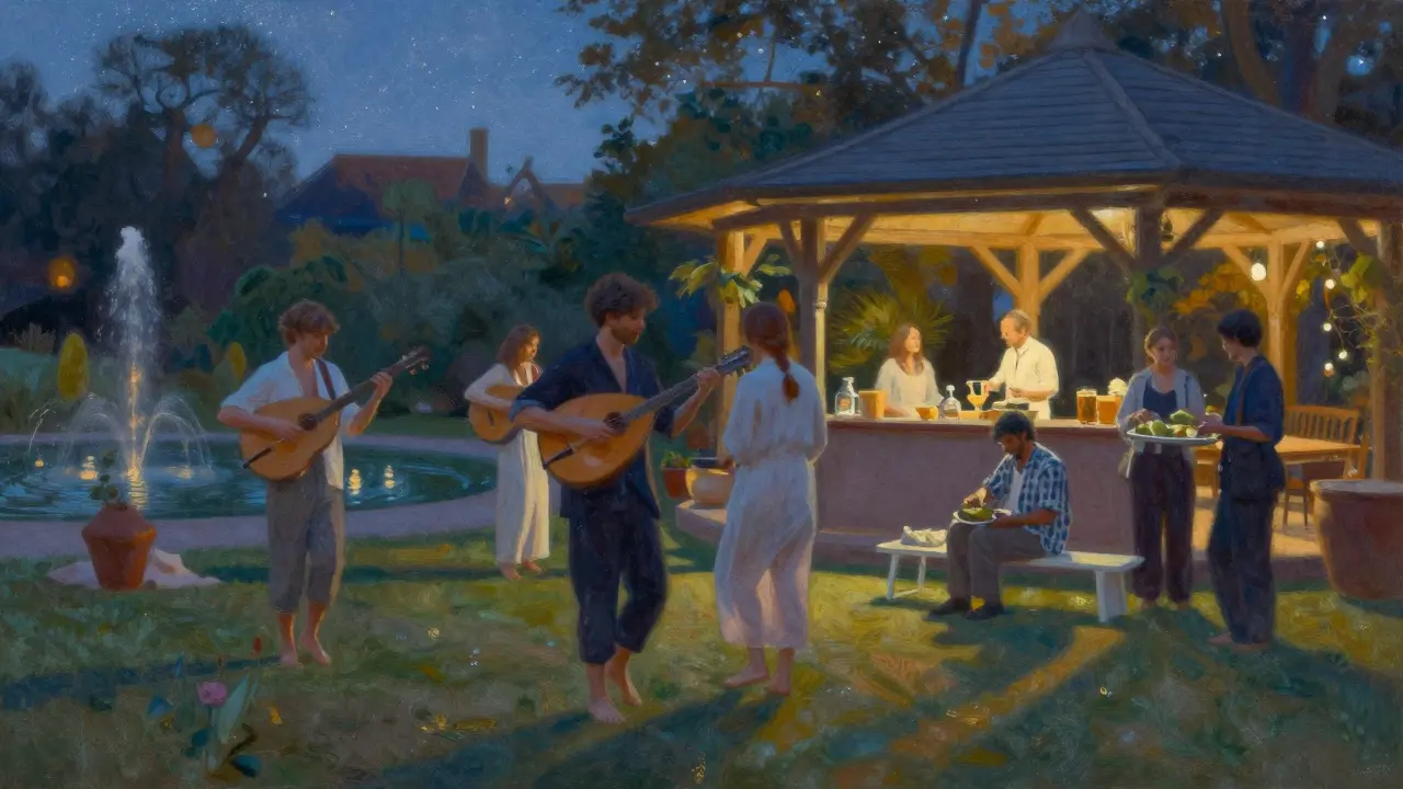 Guests dancing gently on grass under stars at Soho Garden, oud and house music blending in a calm, intimate night setting.