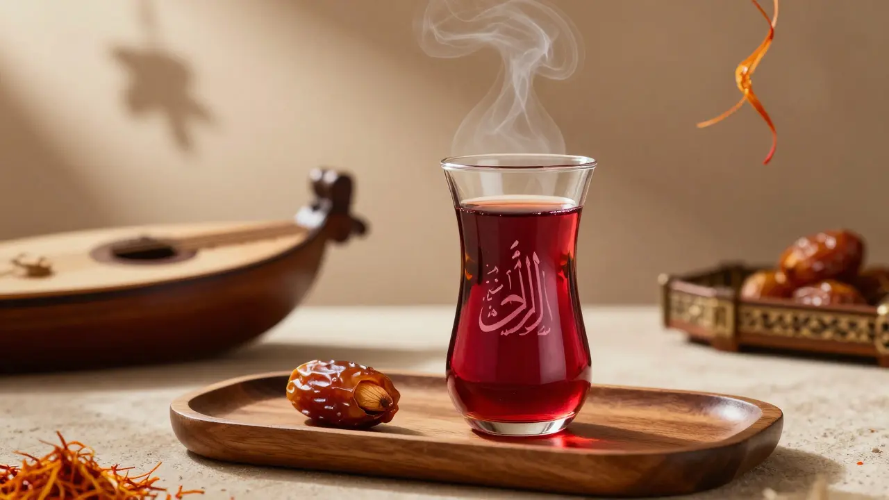 Hand-blown dhow glass with saffron-infused drink and glowing Arabic initials.