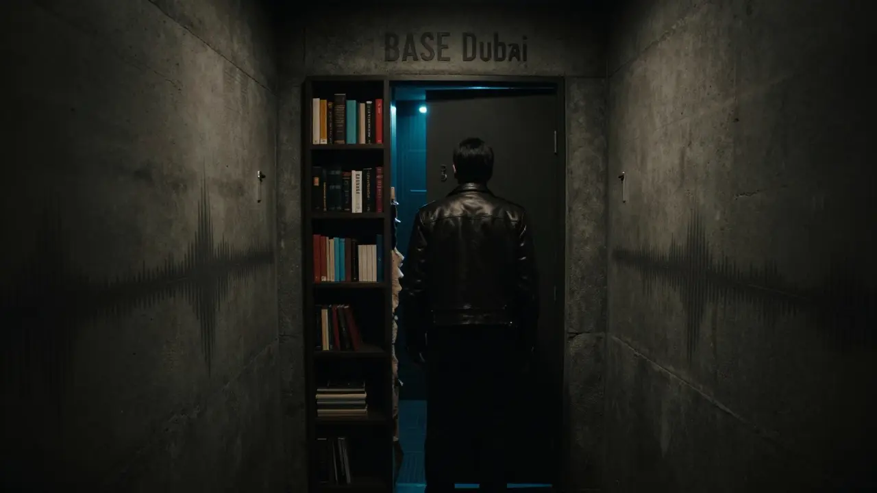Hidden basement entrance behind a bookshelf in a dimly lit hallway, faint blue neon glow revealing a mysterious door.