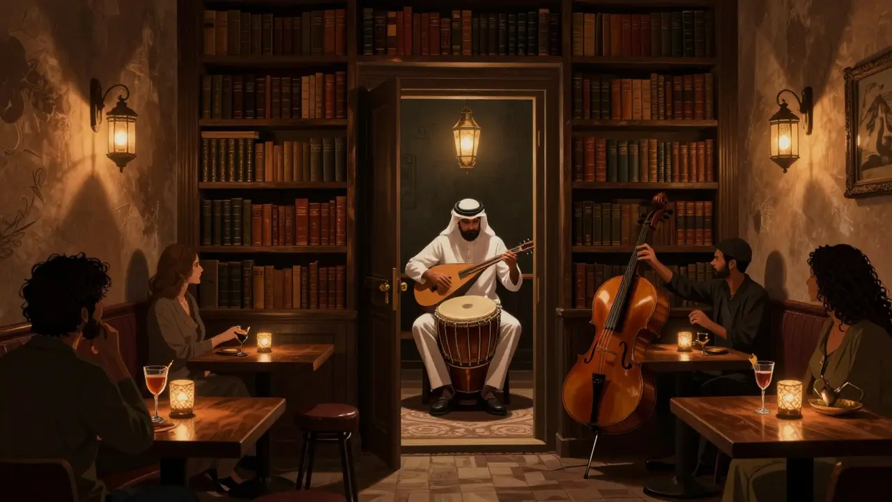 Hidden speakeasy with Emirati musician playing oud in a book-lined dimly lit room.