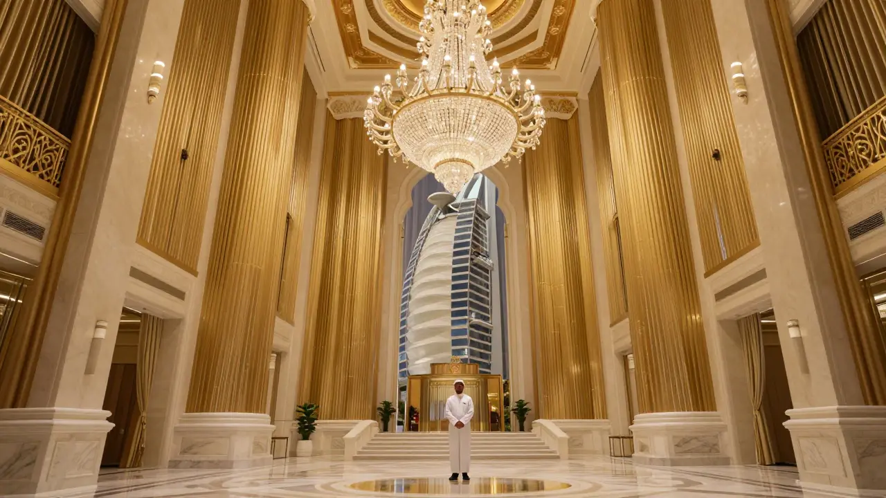 Interior of Burj Al Arab's towering atrium with gold leaf walls and a massive chandelier, lit in warm ambient glow.