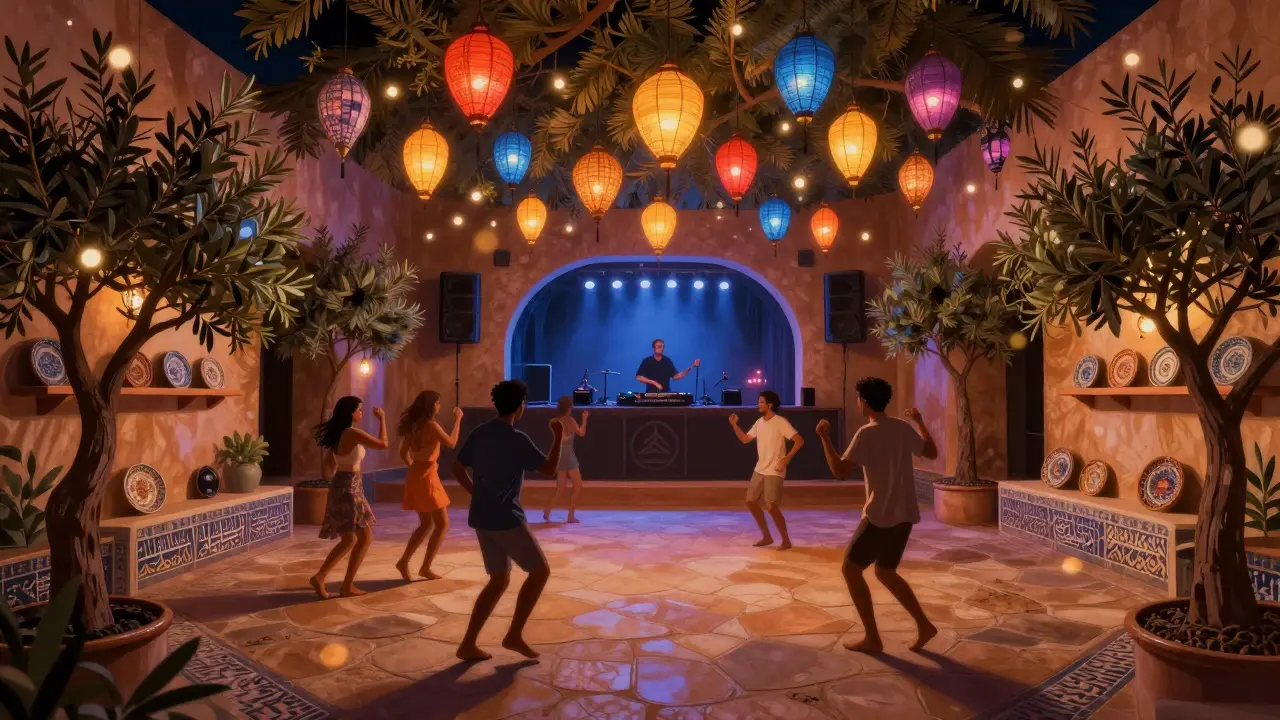 Interior of Soho Garden with immersive sound system and floating lanterns, patrons dancing among greenery and ceramic plates.