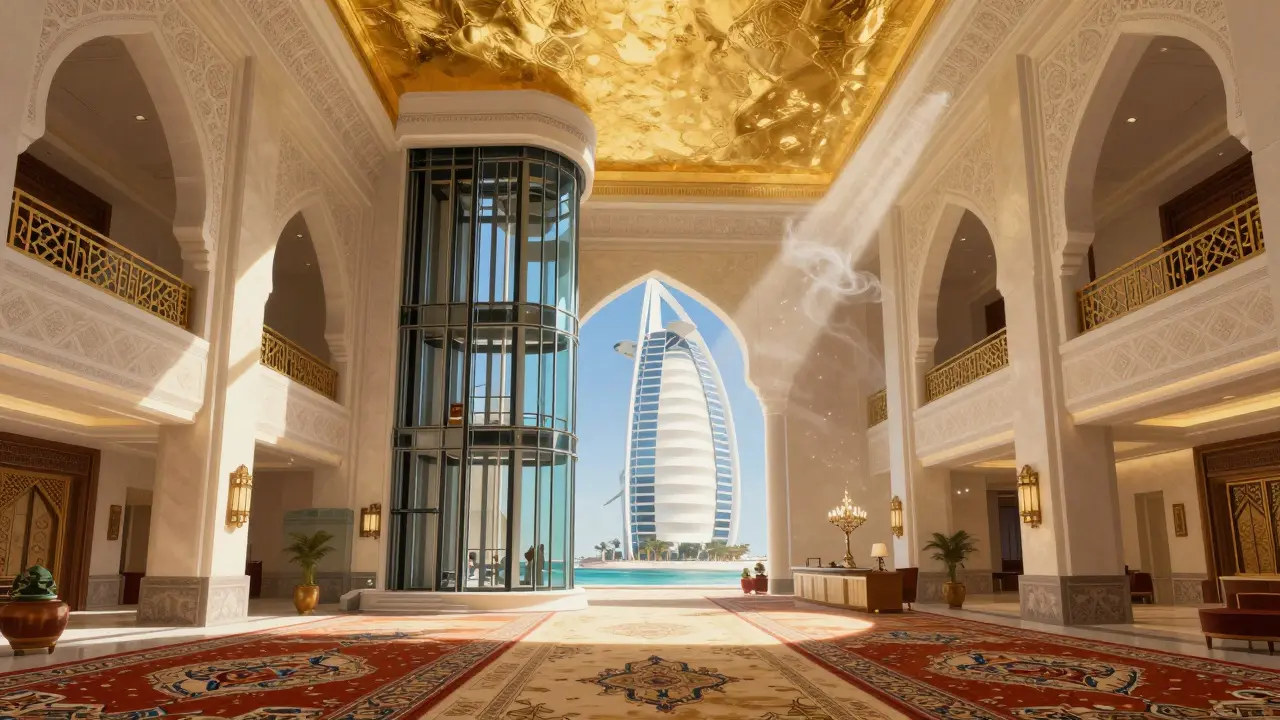 Lobby of Burj Al Arab with golden ceilings, handwoven carpets, and a glass elevator rising through a towering atrium.
