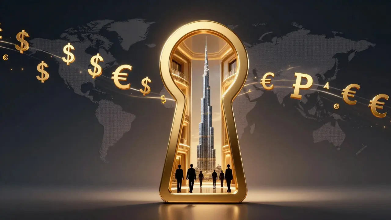 Luxury apartment as a golden keyhole filled with global currency symbols, symbolizing wealth inflow.