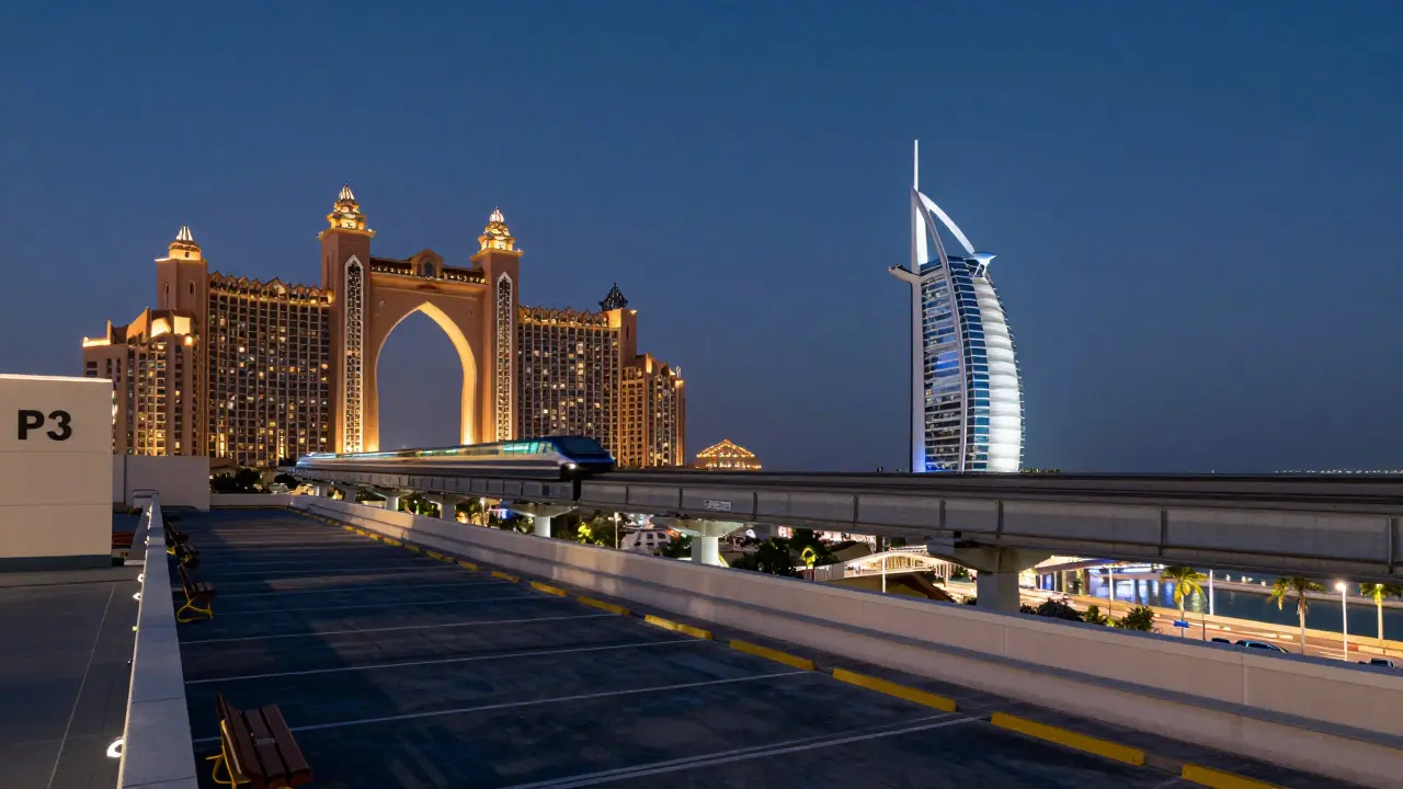 Nighttime rooftop view of Palm Jumeirah lit by soft LEDs, Atlantis glowing blue and gold, and the Burj Al Arab in the distance under a dark sky.