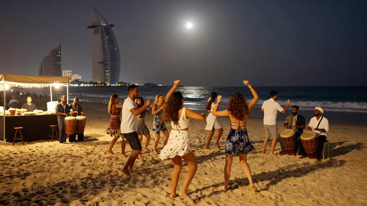 People dancing barefoot on beach under full moon at JBR with city lights and ocean waves behind.