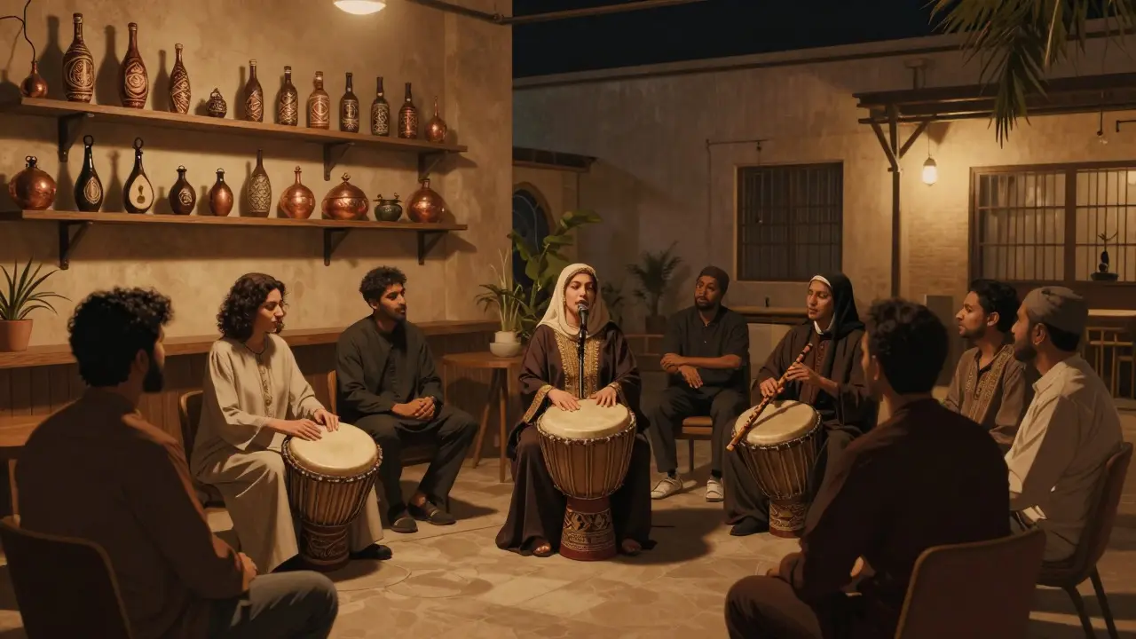 Quiet café interior with a female vocalist performing traditional Arabic music, patrons in deep listening, dim lighting and cultural artifacts around.