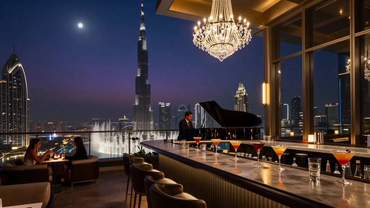 Rooftop bar at night with pianist playing as Burj Khalifa glows in the background.