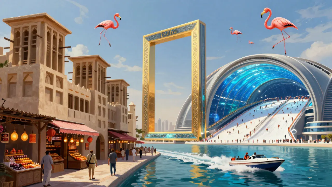 Split scene of historic Dubai and modern attractions connected by the Dubai Frame.