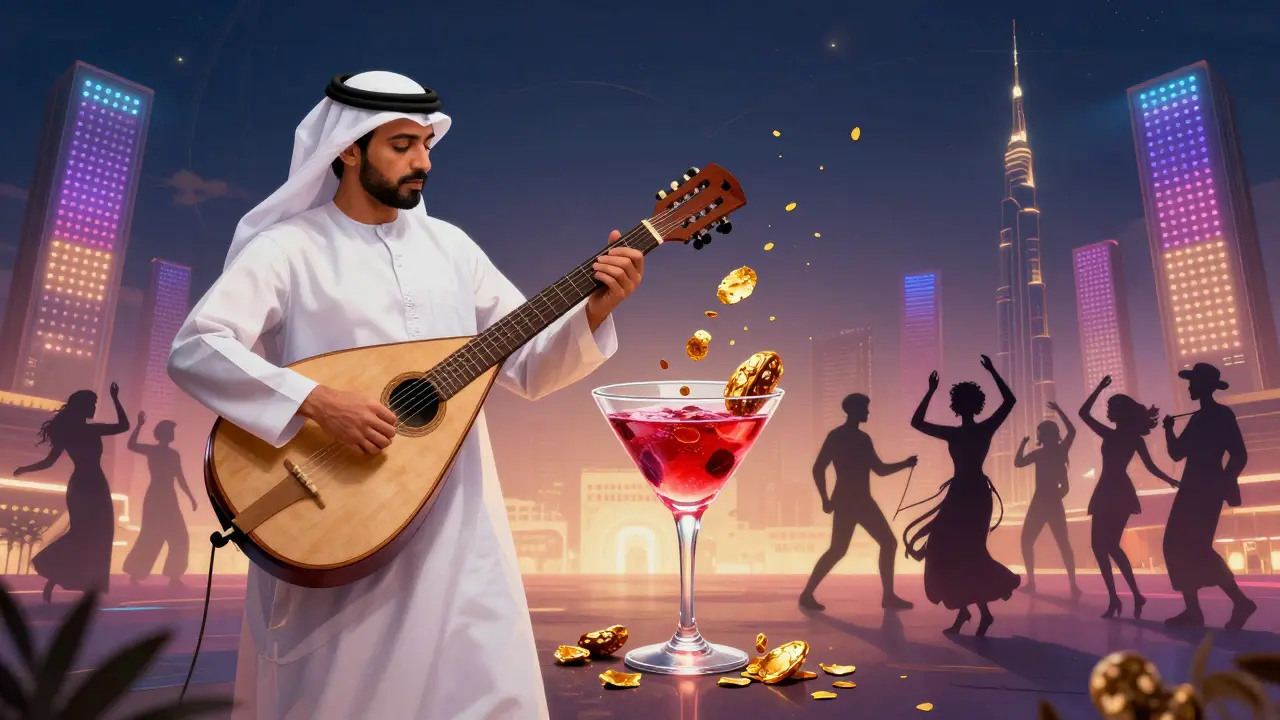 Surreal fusion of Emirati oud and electronic bassline with golden flakes and diverse dancers under glowing light tunnels.