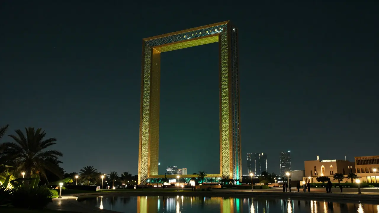 The Dubai Frame glowing green at night during Ramadan, reflecting softly on a pond with the city skyline in the distance.