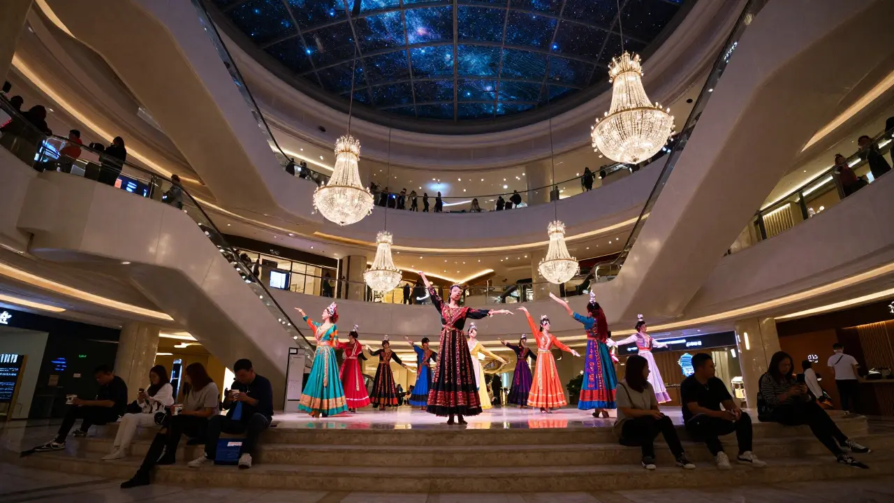 The Grand Atrium of Dubai Mall at night with dancers performing under a starry glass ceiling and glowing escalators.