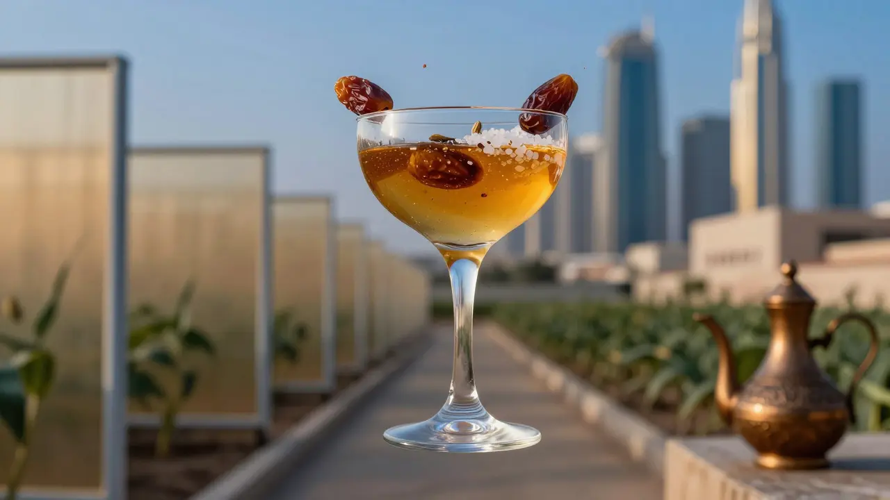 Transparent cocktail with layers of UAE-sourced honey, date syrup, and sea salt floating inside.
