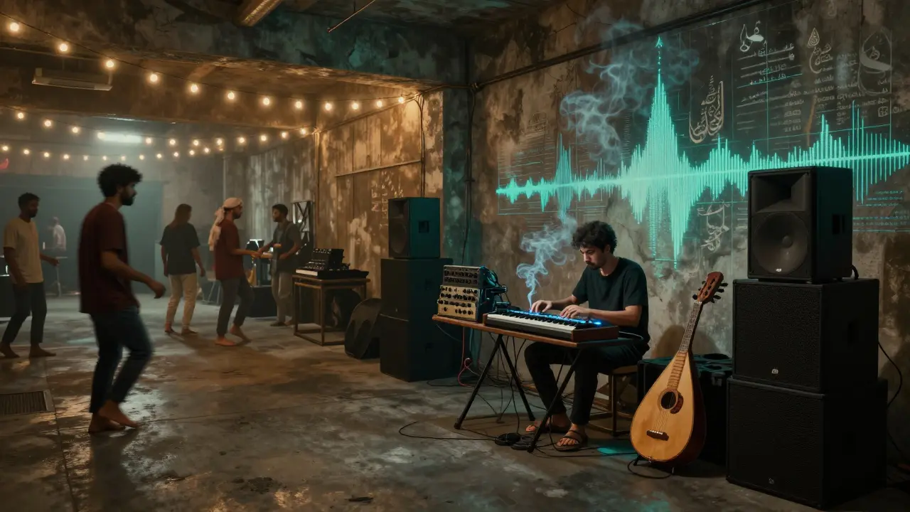 Underground warehouse party in Alserkal Avenue with dancers barefoot, oud beside synths, smoke and light blending cultures.