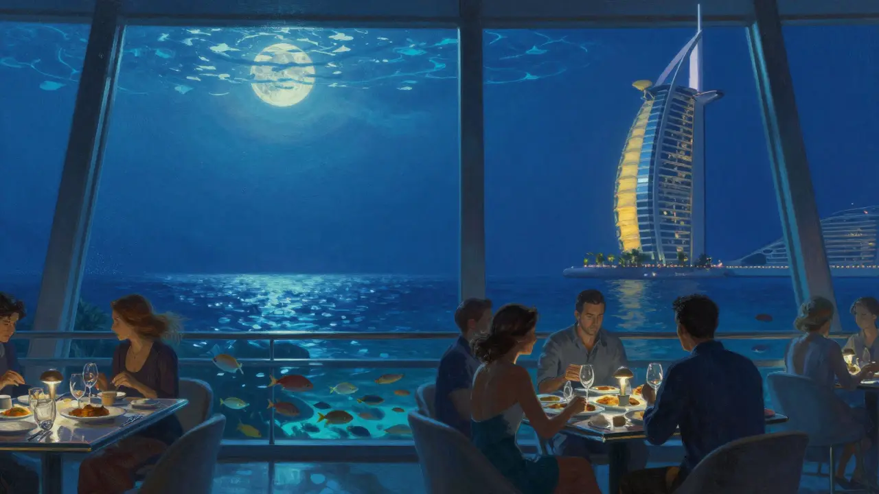 Underwater restaurant Al Mahara with guests dining above fish, glass floor revealing ocean life, golden hotel silhouette visible above.