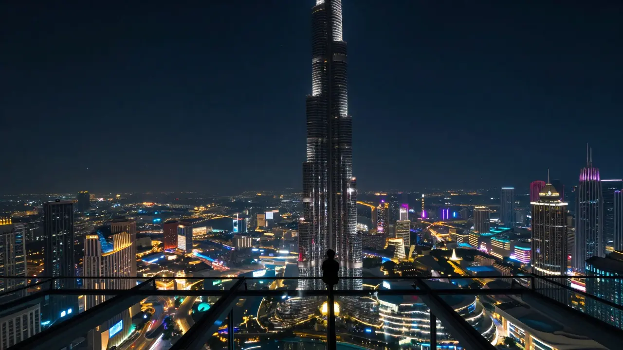 View from Burj Khalifa&#039;s observation deck at night, showing illuminated fountains and city lights below.