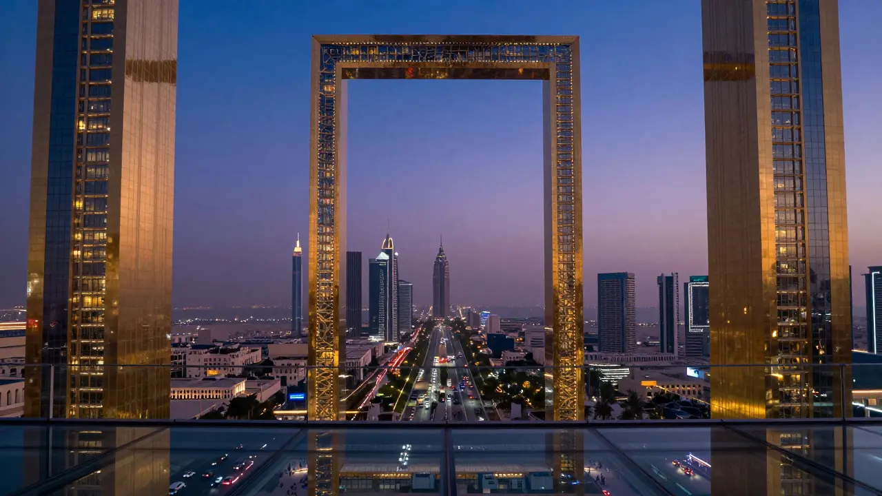 View from the glass sky bridge of Dubai Frame, showing both old and new Dubai framed perfectly.