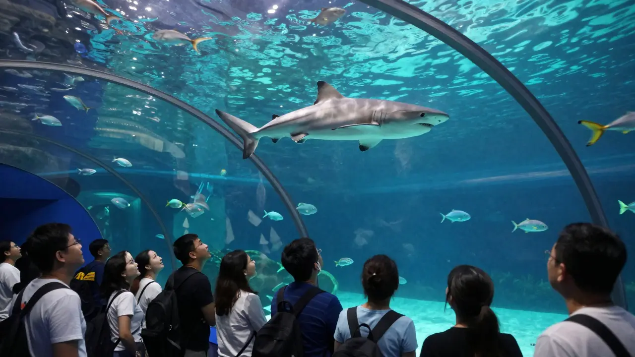 Visitors gazing through the acrylic tunnel of Dubai Aquarium as a shark swims overhead among schools of fish.