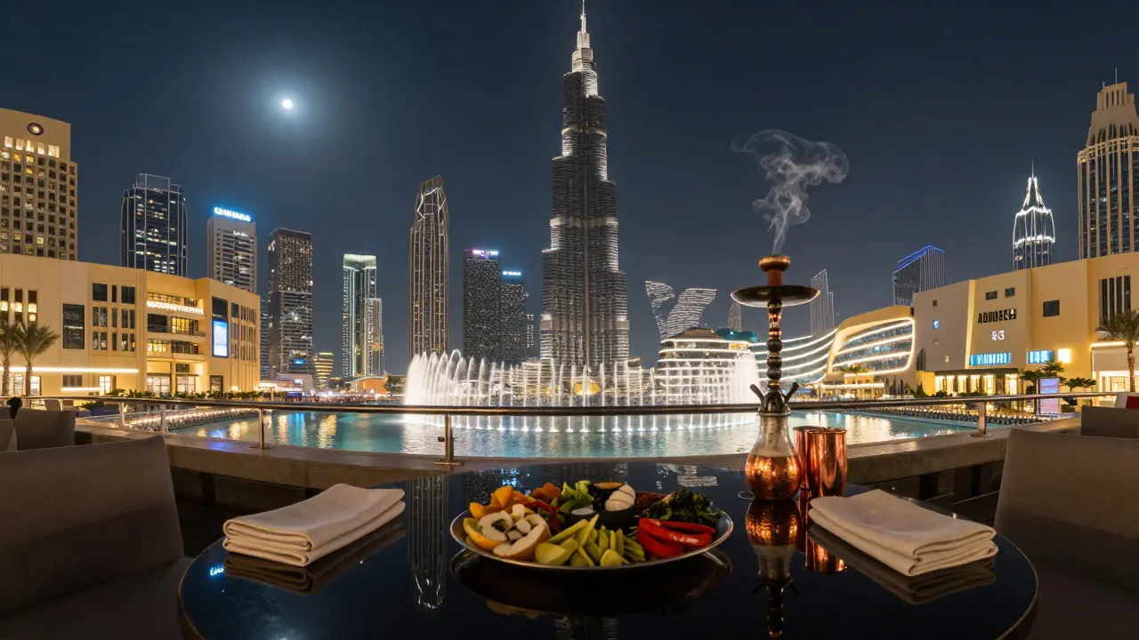360-degree view of Dubai's skyline from a rooftop terrace with shisha smoke and cocktail glasses on glass table.