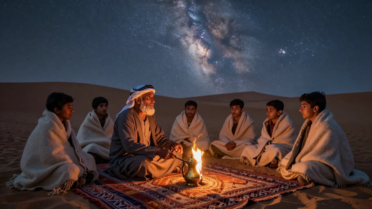 A Bedouin elder tells stories under the stars in the Liwa Desert, guests wrapped in blankets by a small fire.