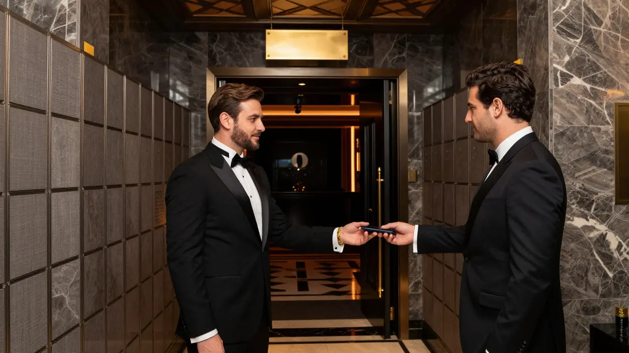 A guest hands over their phone at the entrance of an exclusive nightclub, greeted by a discreet staff member.