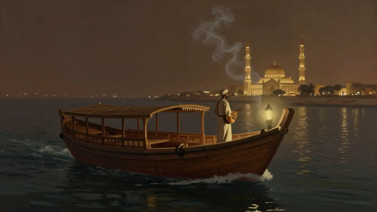 A lone person standing on a traditional dhow boat at night, cruising along Dubai Creek under starlit skies.