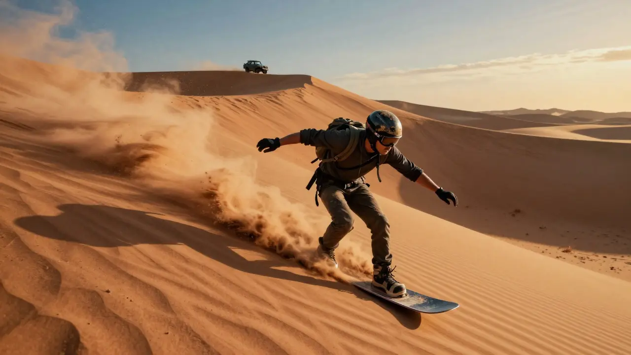 A person sandboarding down a steep desert dune at sunset, dust swirling behind them.