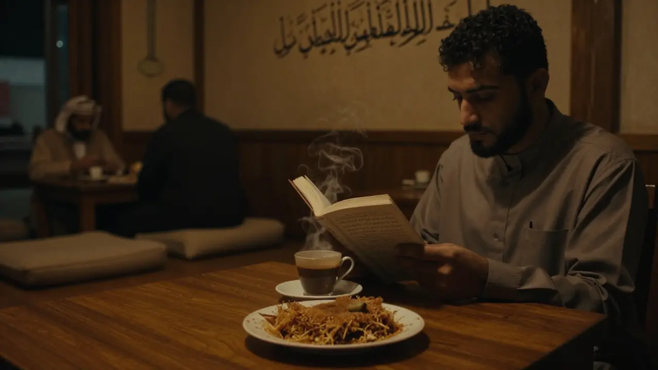 A quiet café at 2 a.m. with a traveler reading beside a cup of spiced coffee under warm, dim lighting.