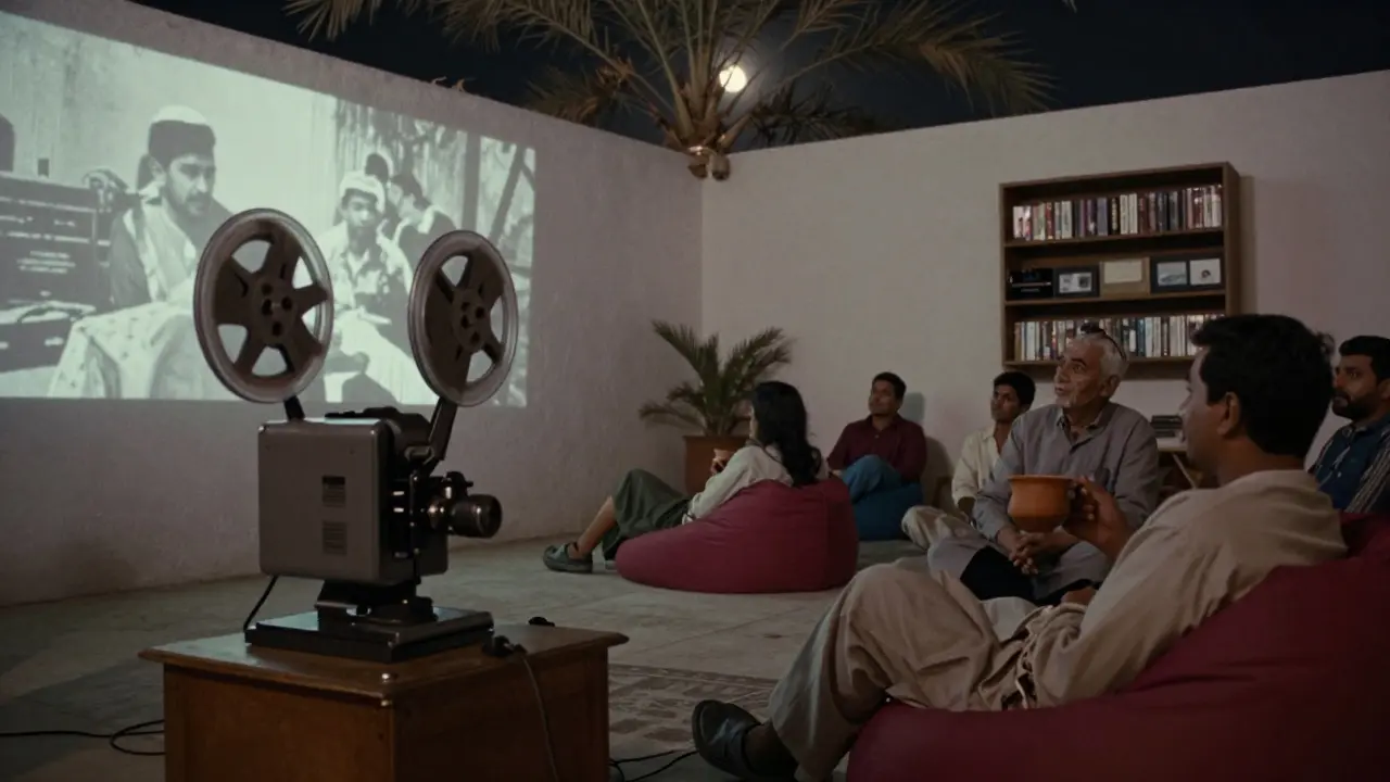 A vintage film projector shows black-and-white footage of 1971 Dubai in a quiet courtyard at night.