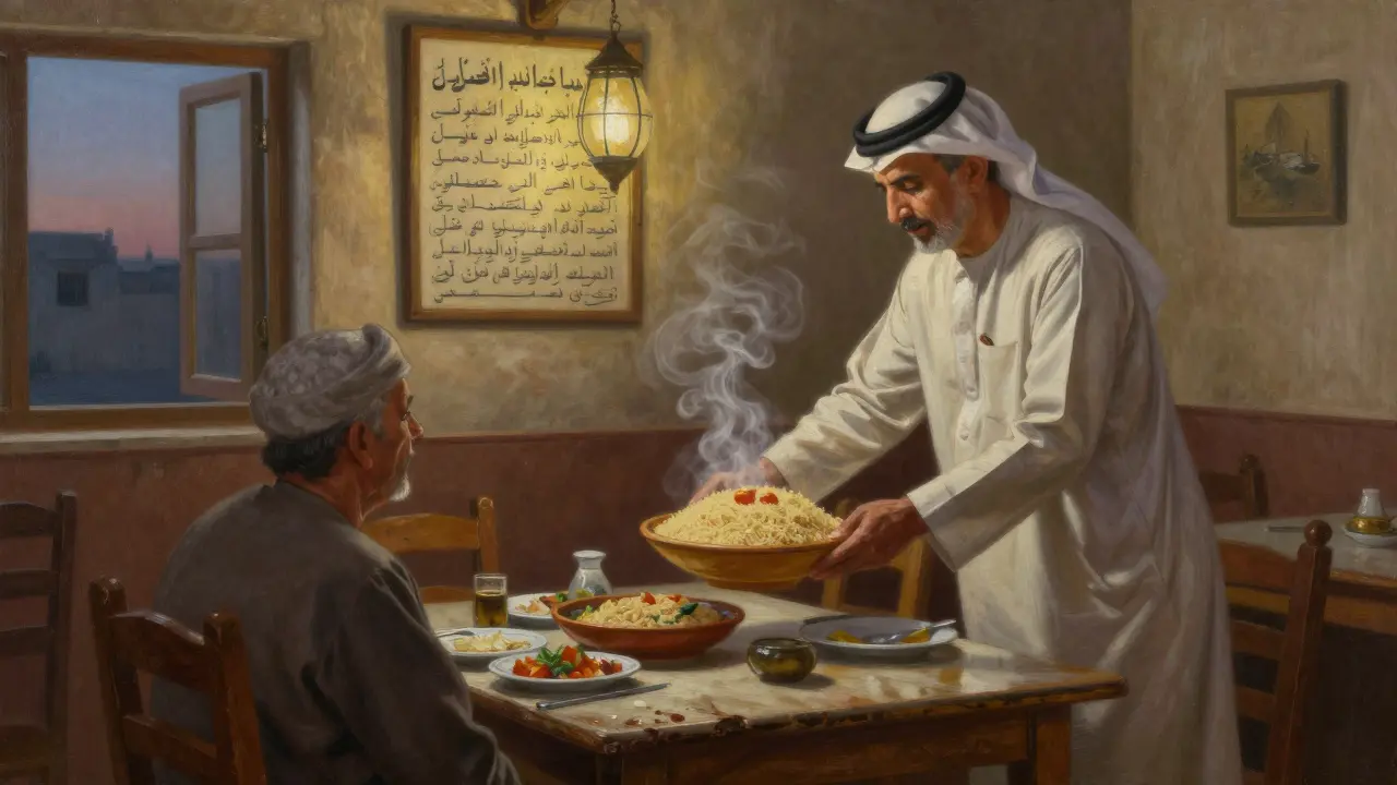 An elderly man serving traditional harees in a quiet restaurant at 3 a.m., warm lamplight and handwritten menu in background.