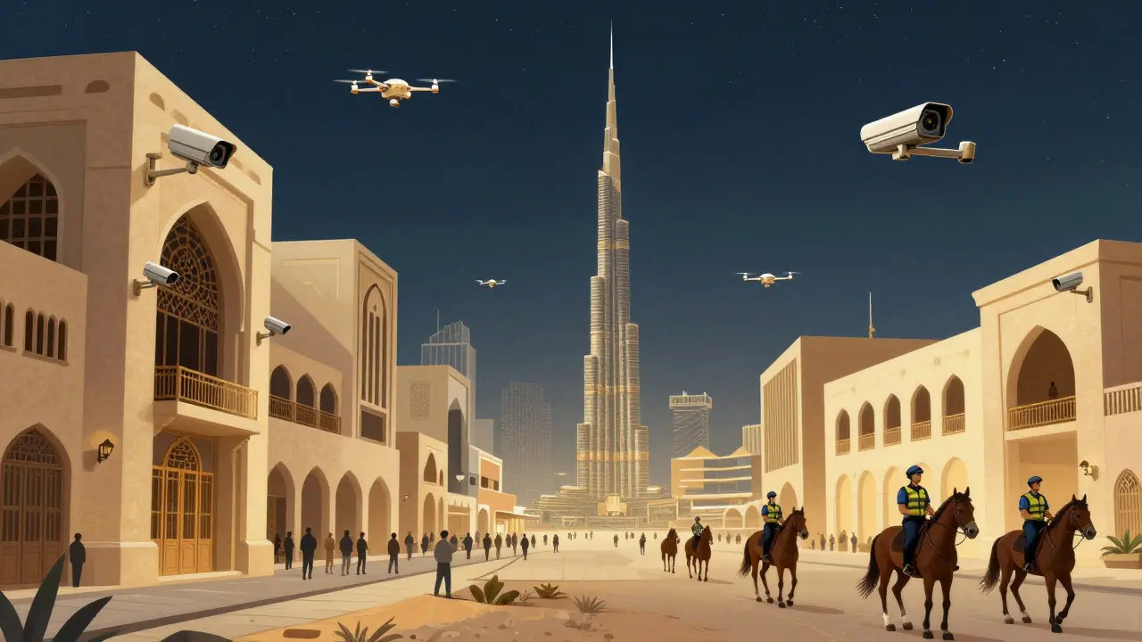 Artistic view of Dubai's surveillance system with cameras, drones, and police on horseback under a starry sky.