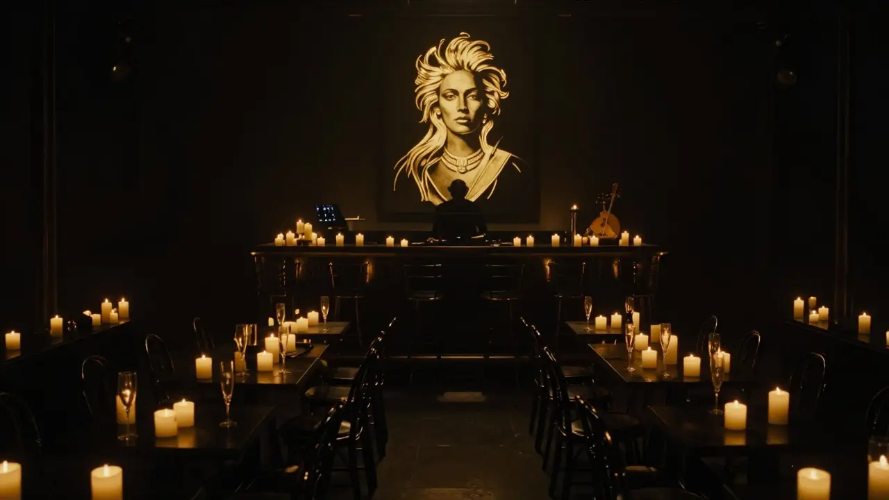Candlelit Cavalli Noir event with gold portrait, empty tables, and a silent DJ in silhouette.
