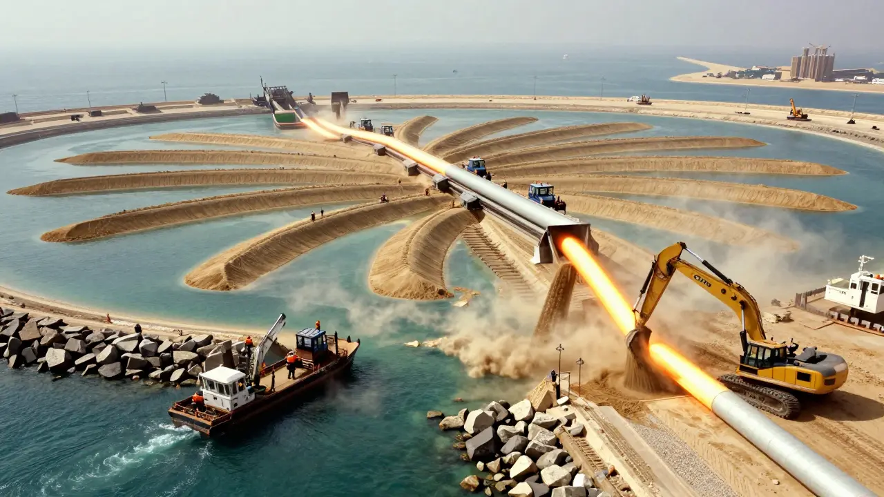 Construction workers and dredgers building the artificial island with sand pipelines and rock breakwaters in the Persian Gulf.