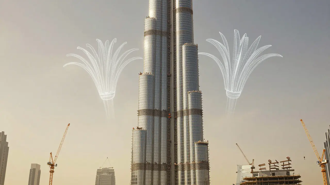 Construction workers climbing the rising Burj Khalifa under cranes, with a floral design glowing in the sky.