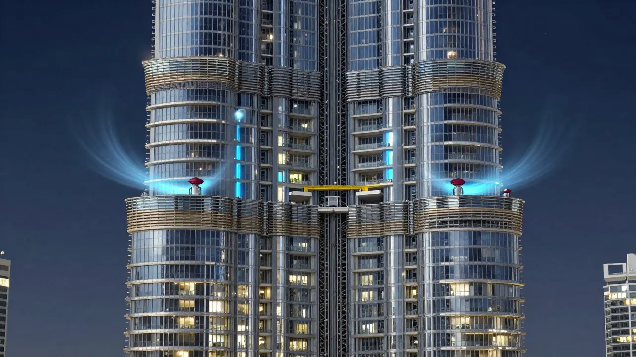 Cross-section of Burj Khalifa showing structural core, elevators, and water systems