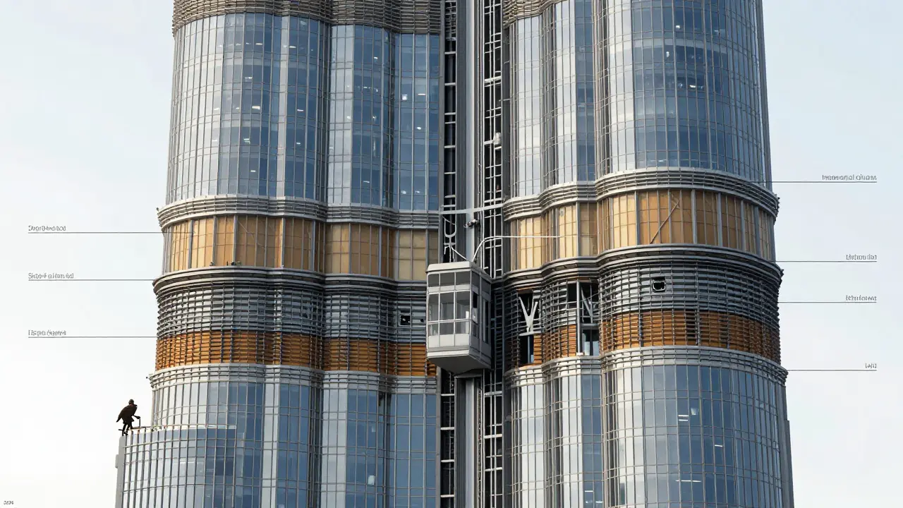 Cross-section technical illustration of the Burj Khalifa's facade layers and elevator system with a falconer on the exterior.