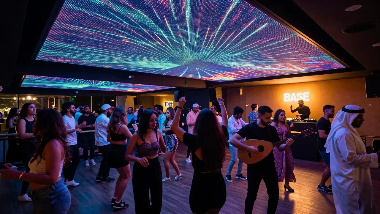 Dancers under pulsing LED ceilings in BASE Dubai's ground floor club area.